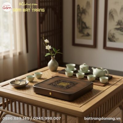 góc chụp trên cao xuống, cận cảnh Khay trà gỗ t...