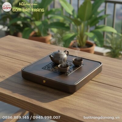 góc chụp trên cao xuống, cận cảnh khay trà gỗ t...