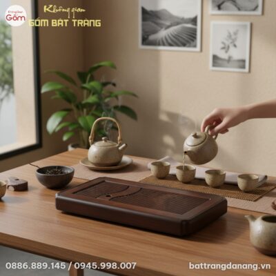 góc chụp trên cao xuống, cận cảnh Khay trà gỗ v...