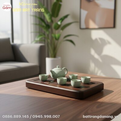 góc chụp trên cao xuống, cận cảnh Khay trà gỗ v...