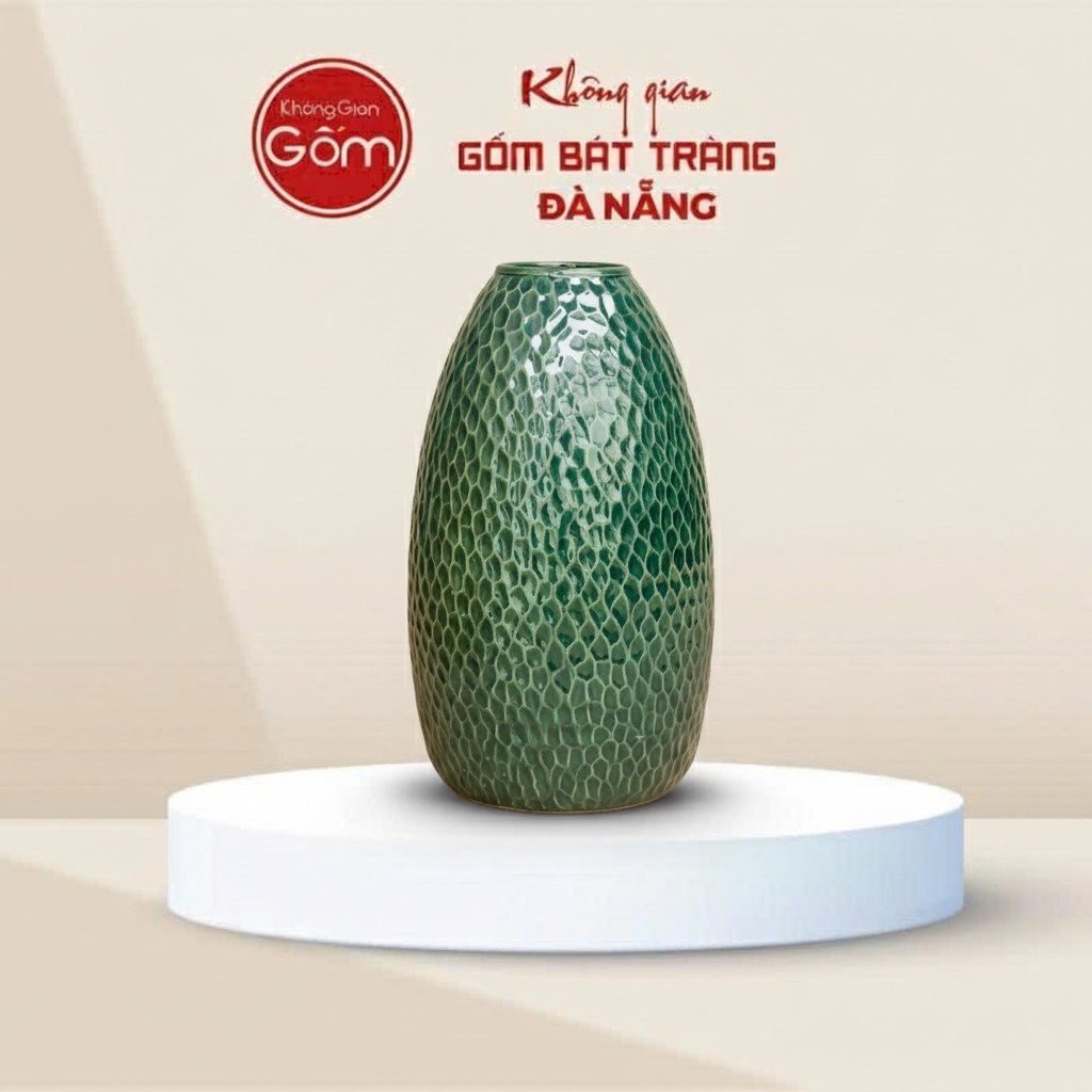 Lọ Hoa Dáng Chuông Men Xanh Họa Văn Vẩy Cá Bát Tràng BT-BH149