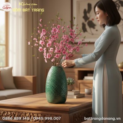 Lọ hoa dáng chuông men xanh họa văn vẩy cá Bát ...