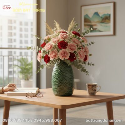 cận cảnh lọ hoa dáng chuông men xanh họa văn vẩ...