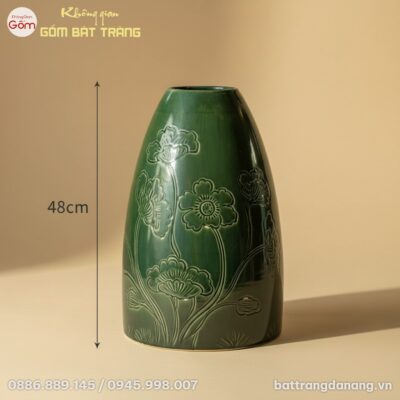 Kích thước Lọ Hoa Dáng Chuông Men Xanh Khắc Hoa Gốm Bát Tràng BT-BH145