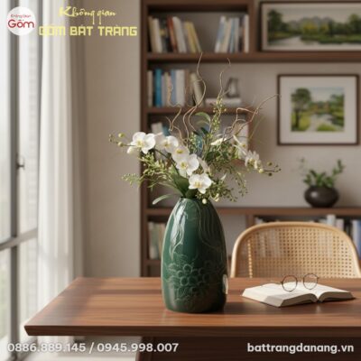 Lọ hoa gốm sứ men xanh cao 48cm, chạm nổi tinh ...