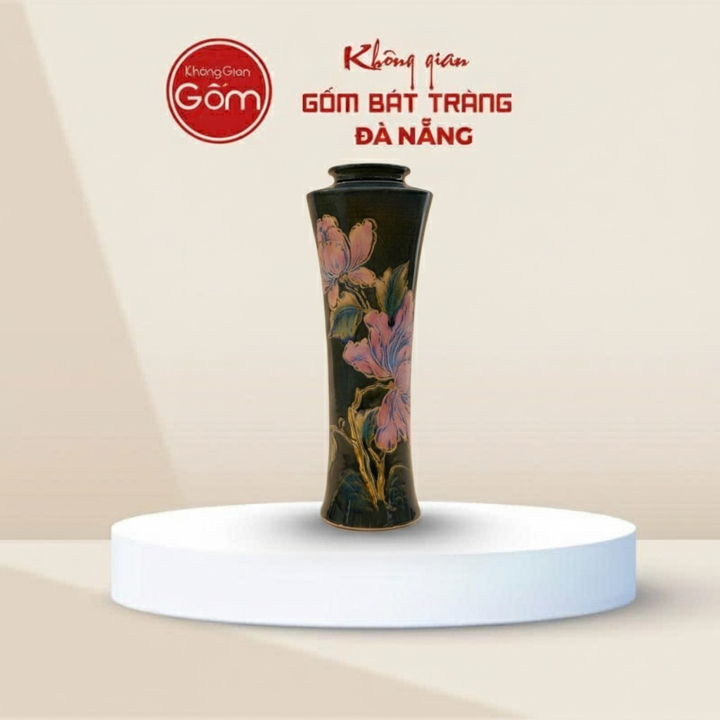 Lọ Hoa Dáng Trúc Cao Men Xanh Vẽ Hoa Bát Tràng BT-BH162