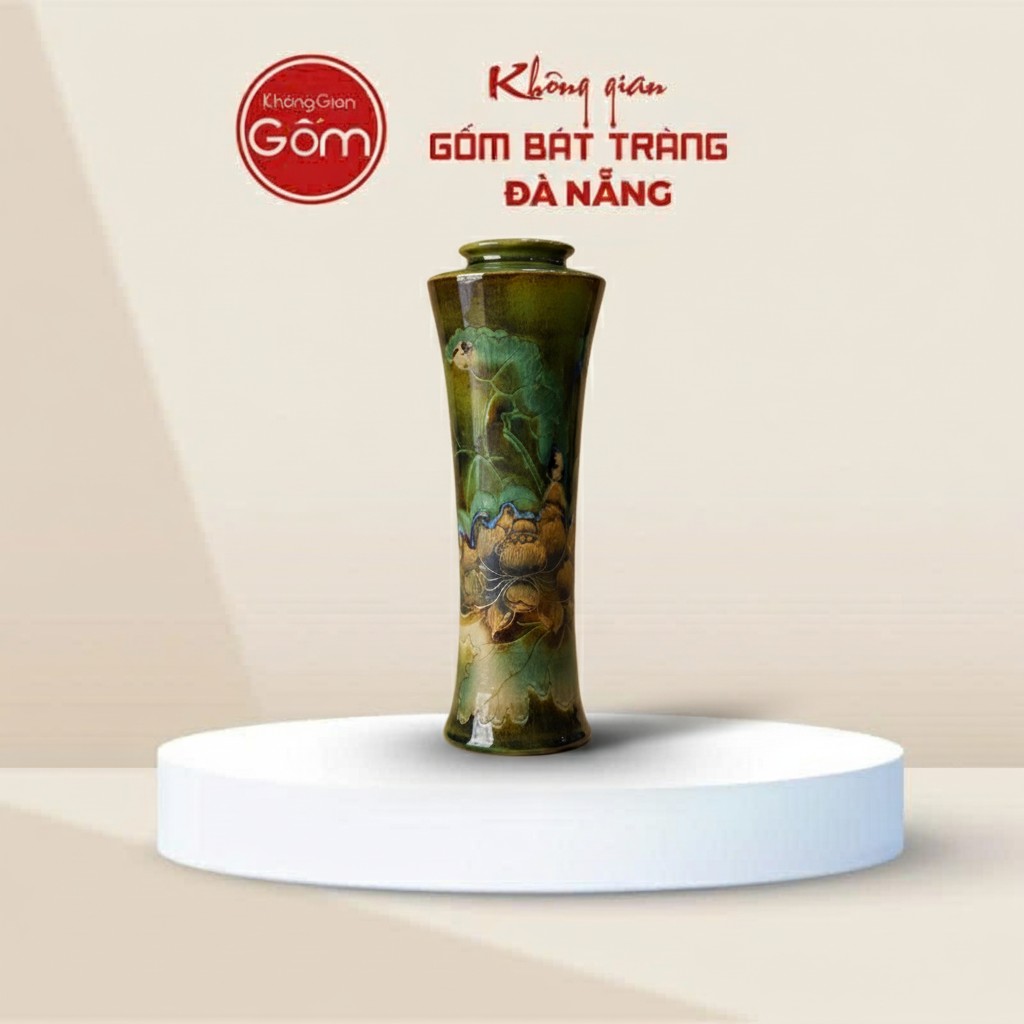 Lọ Hoa Dáng Trúc Cao Men Xanh Vẽ Hoa Sen Bát Tràng BT-BH164