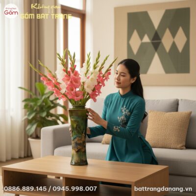 Lọ hoa gốm Bát Tràng men xanh hoa sen cao 44cm ...