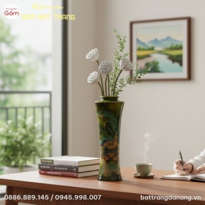 Kích thước Lọ Hoa Dáng Trúc Cao Men Xanh Vẽ Hoa Sen Bát Tràng BT-BH164