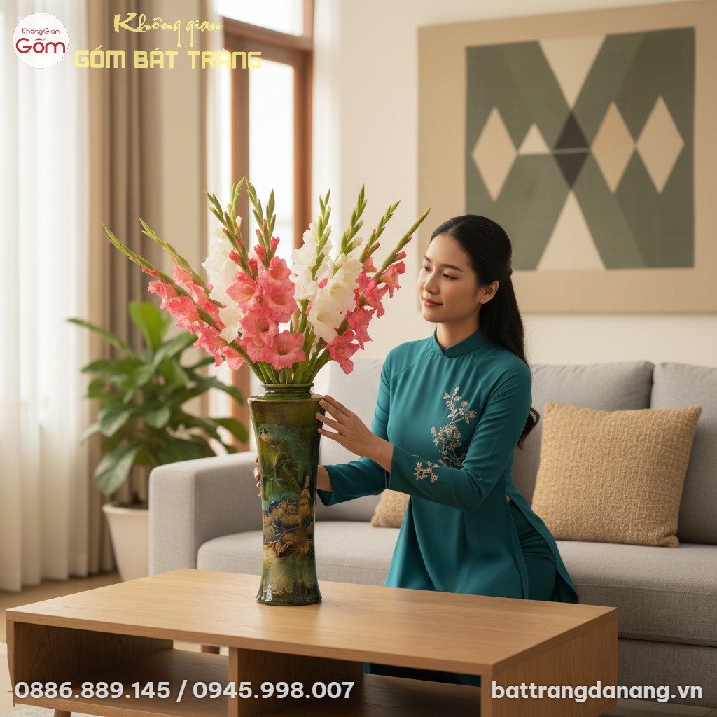 cận cảnh Lọ hoa gốm Bát Tràng men xanh hoa sen ...