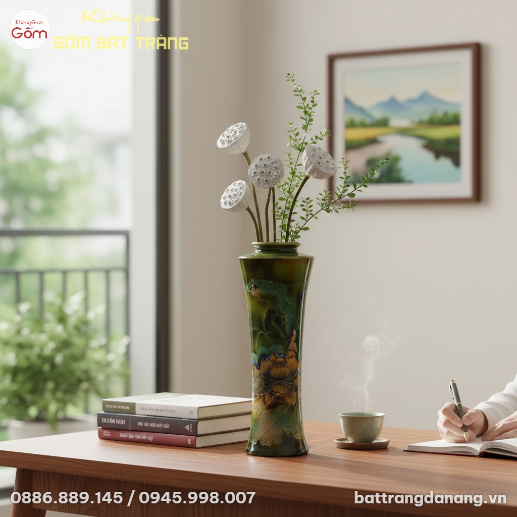 Lọ hoa gốm Bát Tràng men xanh hoa sen cao 44cm ...