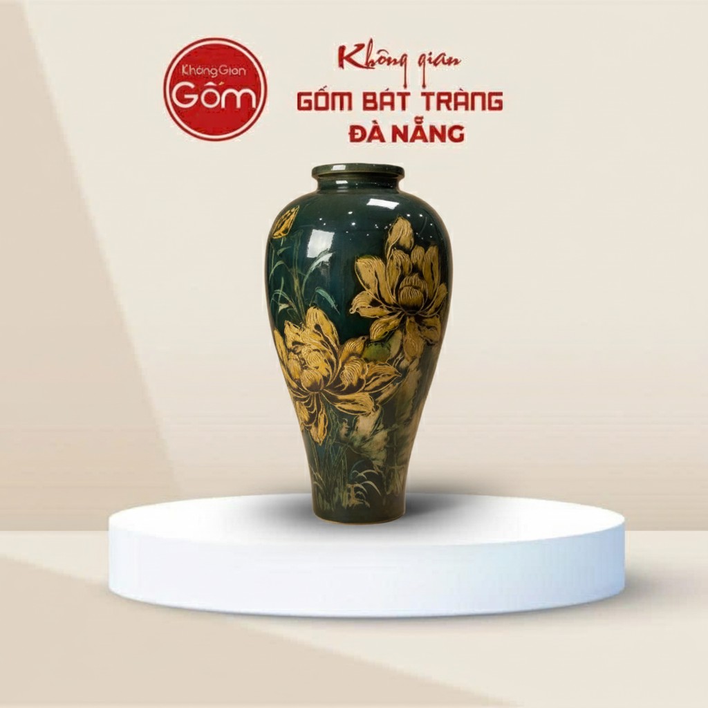 Lọ Hoa Dáng Đùi Dế Men Xanh Vẽ Hoa Vàng BT-BH166
