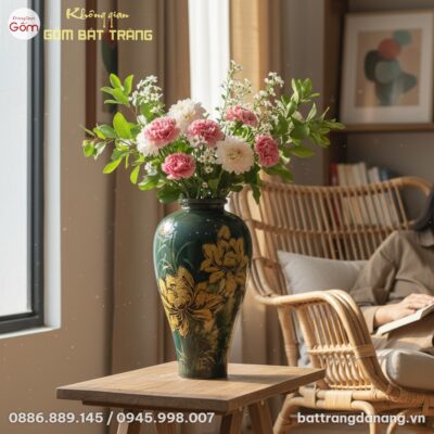 Lọ hoa gốm sứ Bát Tràng men xanh rêu họa tiết h...