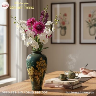 cận cảnh Lọ hoa gốm sứ Bát Tràng men xanh rêu h...