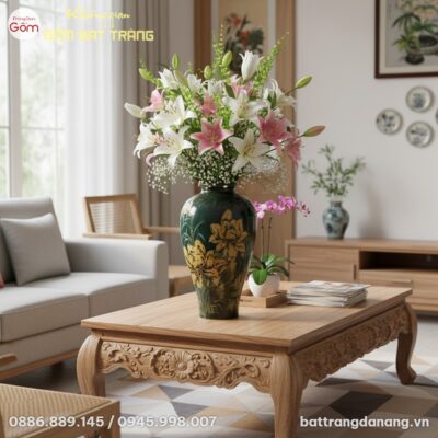 cận cảnh Lọ hoa gốm sứ Bát Tràng men xanh rêu h...