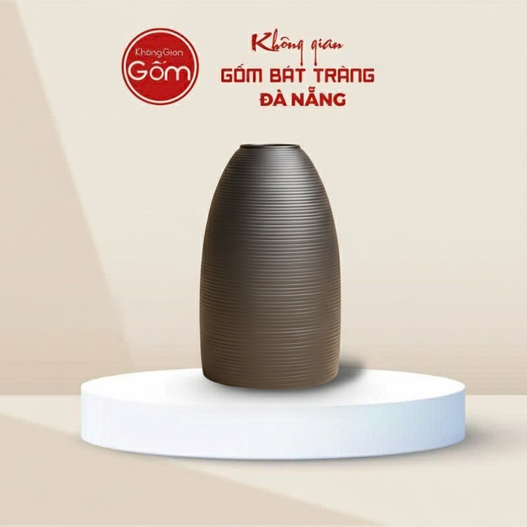 Lọ Hoa Gốm Bát Tràng Dáng Chuông Vân Sọc Men Đen BT-BH141