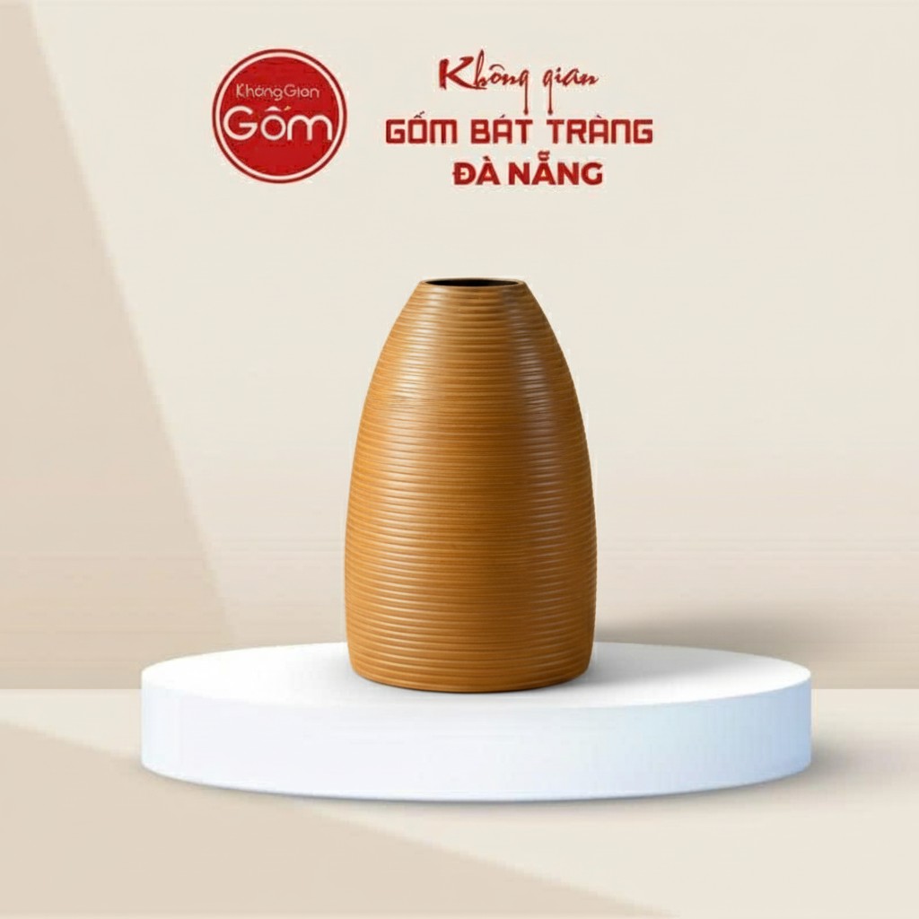 Lọ Hoa Gốm Bát Tràng Dáng Chuông Vân Sọc Men Vàng BT-BH143