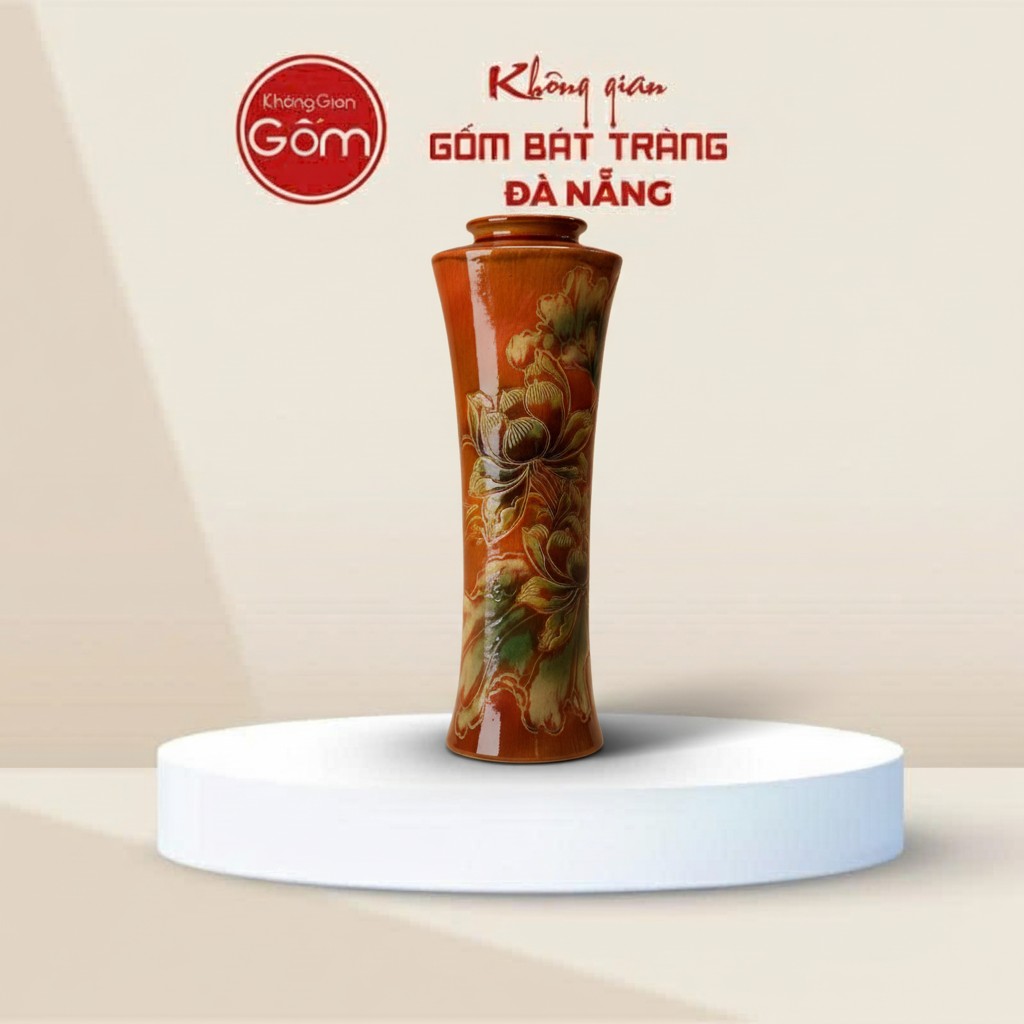 Lọ Hoa Gốm Sứ Bát Tràng Họa Tiết Sen Nổi Men Đỏ Cam BT-BH160