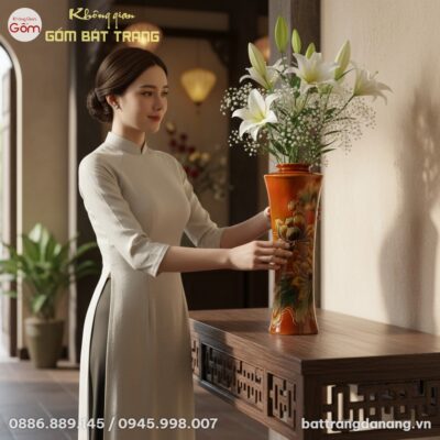 Một người mẫu mặc áo dài cách tân thanh lịch đứ...