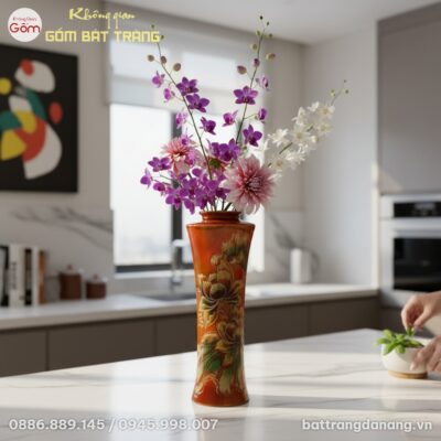 cận cảnh Lọ hoa sen đỏ cam Bát Tràng cao 44cm, ...