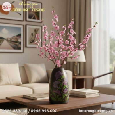 Lọ hoa gốm Bát Tràng dáng chuông cao 48cm với h...