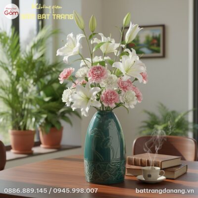 cận cảnh lọ hoa men xanh ngọc dáng chuông cao 4...