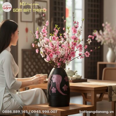 cận cảnh Lọ hoa Nàng Thơ men đen dáng chuông ca...