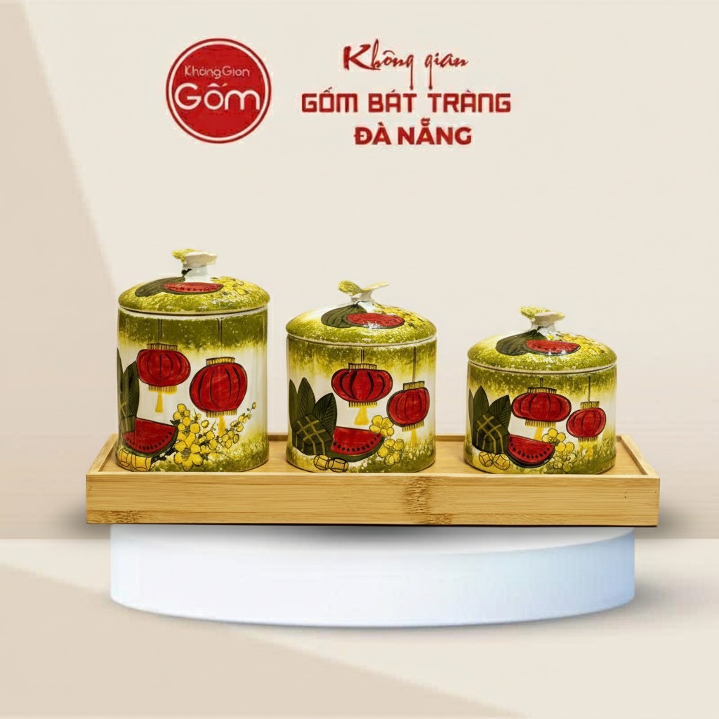 Set 3 Hũ Mứt ọa Tiết Đèn Lồng Hoa Mai Dưa Hấu Vẽ Kỹ BT-HM36