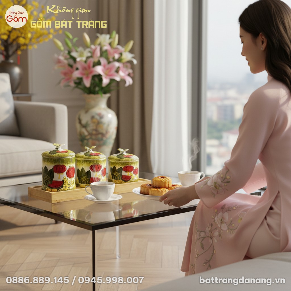 cận cảnh Set 3 hũ mứt gốm sứ Bát Tràng đậy nắp ...