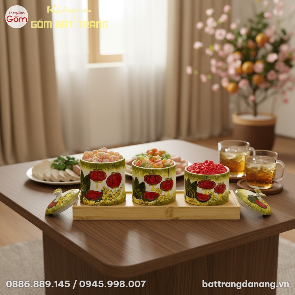 Góc chụp từ trên cao cận cảnh set 3 hũ mứt gốm ...
