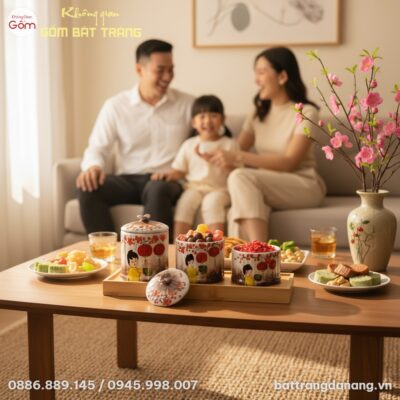 cận cảnh Khay mứt Tết gốm sứ Bát Tràng 'Bé Đón ...