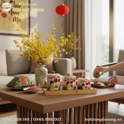 cận cảnh Set 3 hũ mứt gốm sứ Bát Tràng 'Bé Đón ...