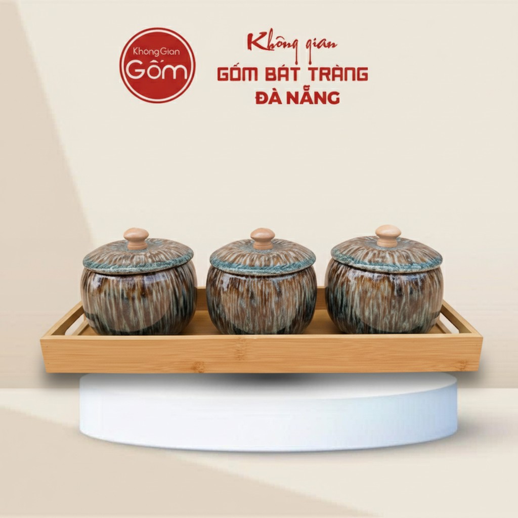 Set 3 Hũ Mứt Uyển Lam Men Hỏa Biến Kèm Khay Gỗ BT-HM34
