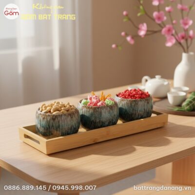 Cận cảnh set 3 hũ mứt gốm men hỏa biến Uyển Lam...