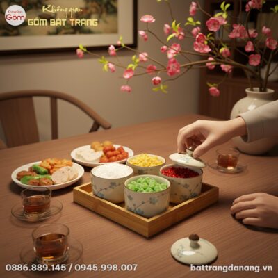 cận cảnh Bộ hũ mứt gốm sứ Bát Tràng họa tiết đà...