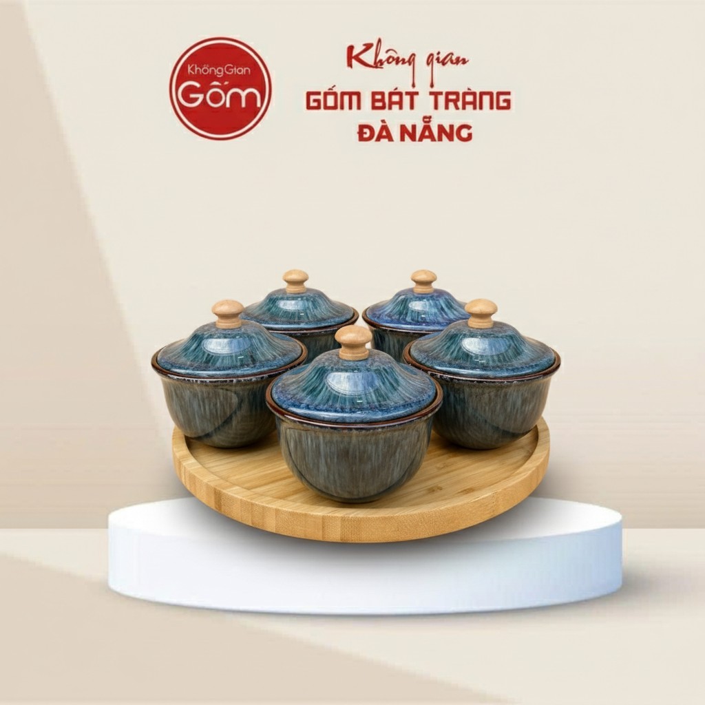 Set 5 Hũ Mứt Uyển Lam Men Hỏa Biến Kèm Khay Gỗ BT-HM32