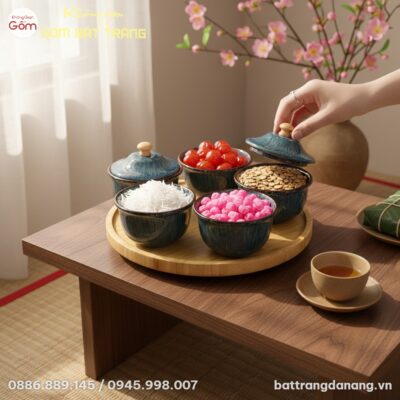 Cận cảnh set 5 hũ mứt gốm sứ Uyển Lam men hỏa b...