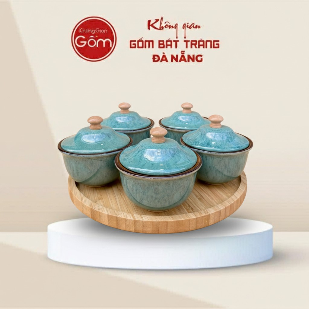 Set 5 Hũ Đựng Mứt Uyển Lam Men Hỏa Biến Kèm Khay Gỗ BT-HM29