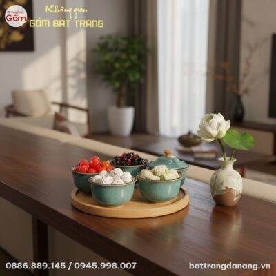 Cận cảnh Set 5 Hũ Đựng Mứt Uyển Lam men hỏa biế...