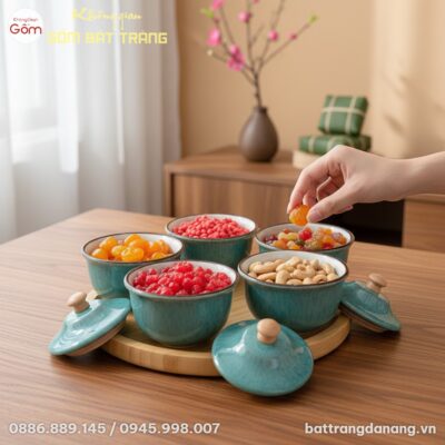 cận cảnh Set 5 Hũ Đựng Mứt Uyển Lam Men Hỏa Biế...