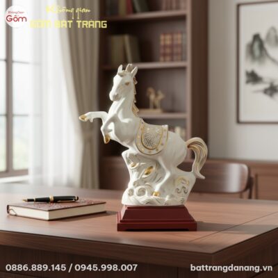 Tượng bạch mã gốm Bát Tràng men trắng vẽ vàng k...