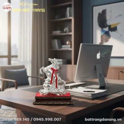 Cận cảnh Tượng Ngựa Gốm Dát Bạc BT-TG13 với đế ...