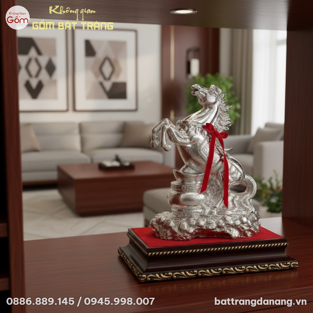 Cận cảnh Tượng Ngựa Gốm Dát Bạc BT-TG13 cao 36c...