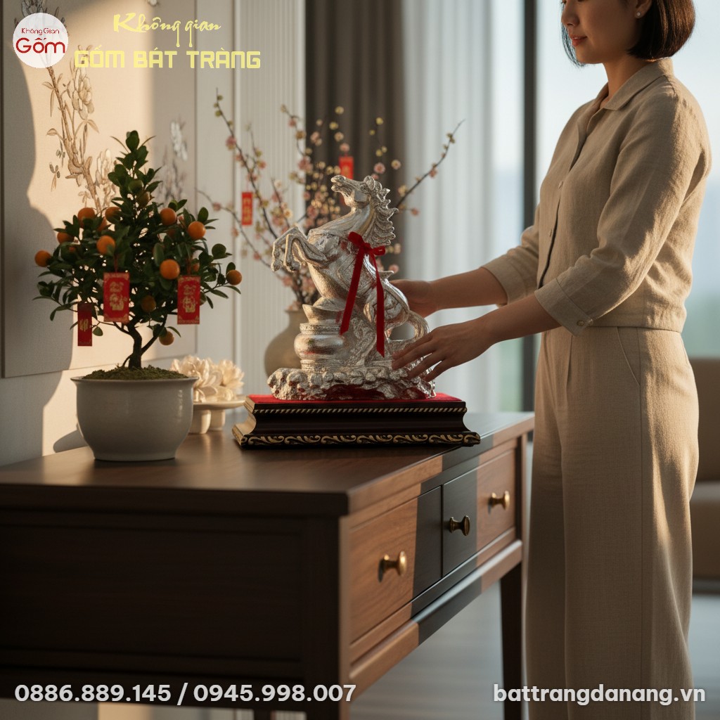 cận cảnh Tượng Ngựa Gốm Dát Bạc BT-TG13 quay đầ...