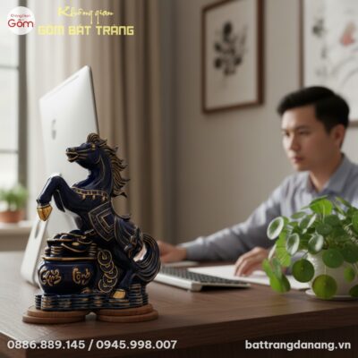 Tượng Ngựa Phú Quý Men Xanh Vẽ Vàng 30cm trên b...