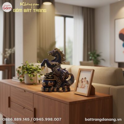 Tượng Ngựa Phú Quý Men Xanh Vẽ Vàng 35cm nổi bậ...