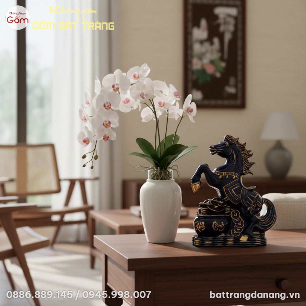 Cận cảnh tượng Ngựa Phú Quý Men Xanh Vẽ Vàng 35...