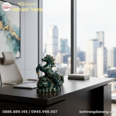 Tượng Ngựa Phú Quý men xanh vẽ vàng 35cm đặt tr...