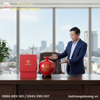 Một bình hút lộc gốm sứ Bát Tràng men đỏ rực rỡ...