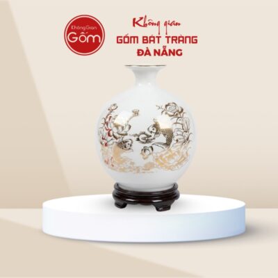 Bình hút lộc in logo màu trắng hoạ tiết cá chép hoa sen BHLQT-01